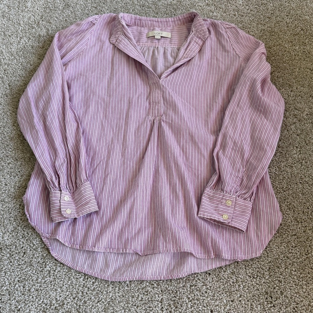 LOFT Blouse Womens M Pink Striped V Neck Long Sleeve Lightweight Cotton Top